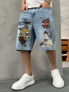 Y2K Aesthetic Loose Denim Shorts, Art Heritage Tiger Floral Print, Light Wash Casual Fashion Denim Streetwear Shorts, Oversized Bermuda Jean Shorts for Men Summer Street Style, Menswear