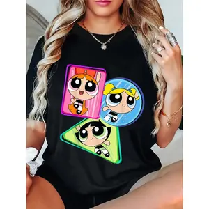 100%25 Cotton CN The Powerpuff Girls Trio Action Shot T-Shirt Breathable Fabric