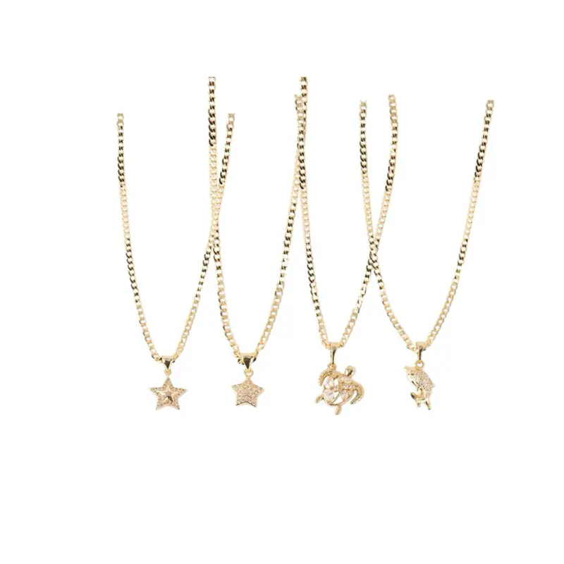 Iced Star & Turtle Pendant Necklace 14K Gold Plated Cuban Chain 4 Styles Elegant Jewelry for Women 2mm