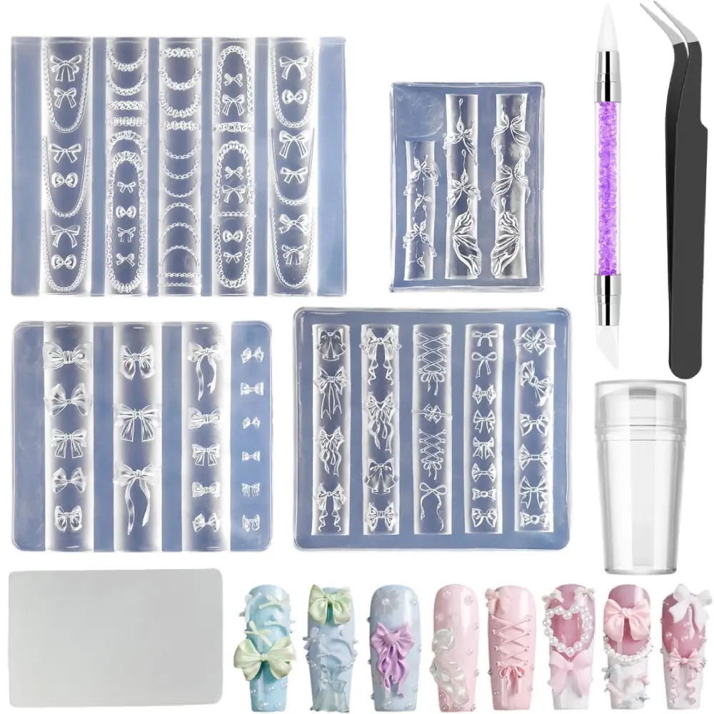 Women’s 8-Piece 3D Silicone Nail Art Mold Set - Different Shapes of Bows, Lace, Glitter, Manicure Stamp, 1 Double-Headed Carving Pen, Tweezers - Peel-Friendly, Universal Nail Bed Fit, DIY Care, Salon Use
