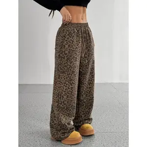 Chic Leopard Print Drawstring Straight-Leg Pants for Women - Casual, Non-Stretch Polyester Blend, Machine Washable - Perfect for Spring/Summer/FallGift(gift)(Sheets)