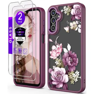 P-PCS016   for Samsung A15 5G Case with Tempered Glass Screen Protector, Galaxy A15 5G [Military Grade Protective] Slim Soft TPU & Hard PC, Girls Women Crystal Clear Flower Pattern Cases -Purple