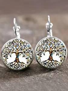 DRESSLILY 2025 Vintage Earrings Life Tree Pattern Round Pattern Hoop Drop Earrings