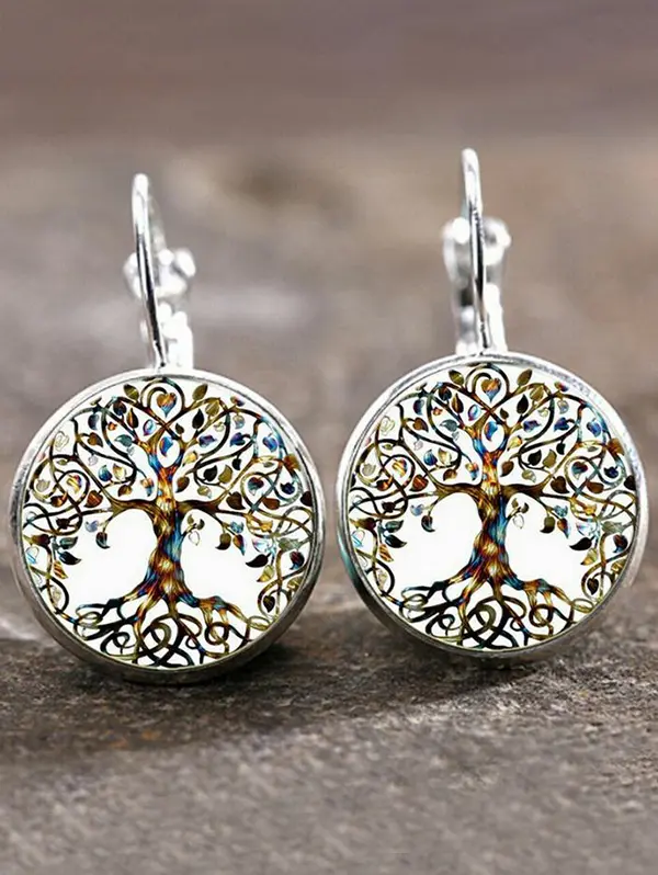 DRESSLILY 2025 Vintage Earrings Life Tree Pattern Round Pattern Hoop Drop Earrings