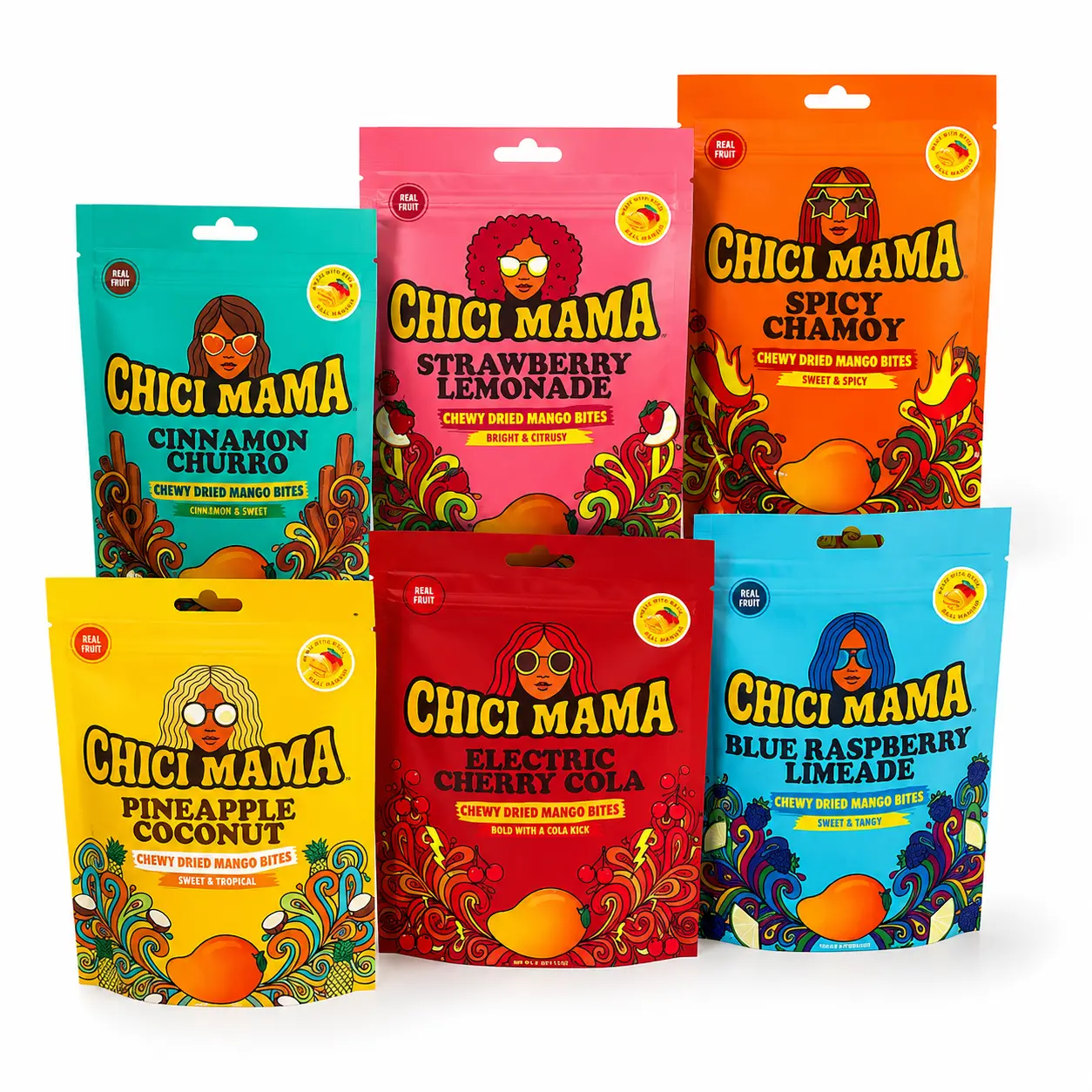 Chici Mama Dried Mango Bites 6-Pack Variety Pack – Assorted Fruit-Flavored Mango Snacks, Sweet, Tangy & Spicy Flavors
