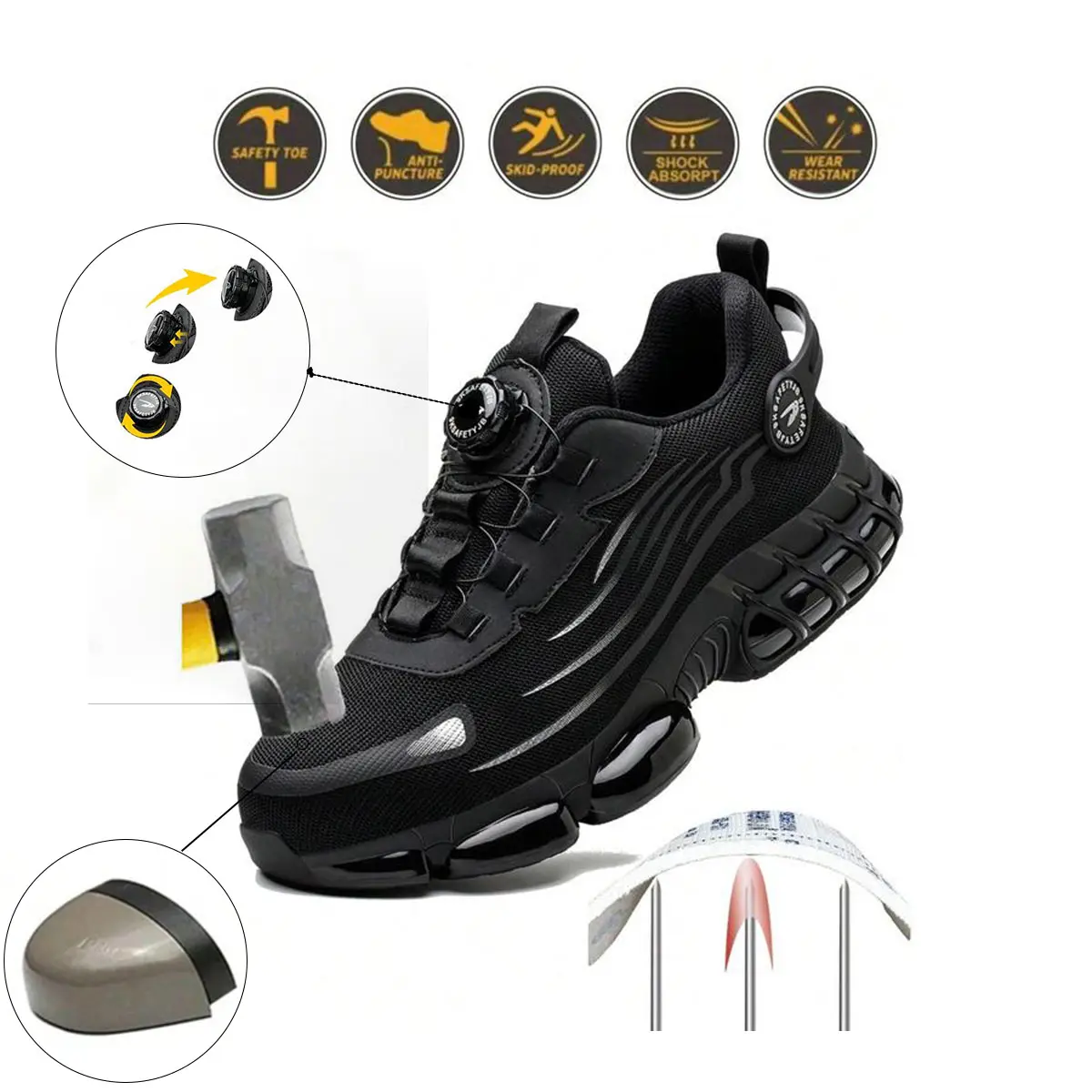 Men's Steel Toe Safety Shoes Puncture Proof And Smash Proof With Swivel Button Contrasting Color Mesh Work Shoes Suitable For Outdoor Work Blue Collar Industrial Construction Outdoorfun Footwear