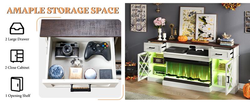 AMERLIFE Farmhouse LED Fireplace TV Stand with 3-Sided Glass Fireplace,70" Large Entertainment Center for TVs up to 80",Living Room/Christmas Gift/Best Gift Ideas