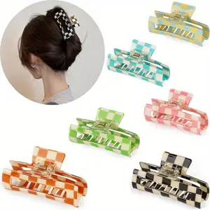 6 pack Hair Claw Clips Rectangle Checkered Hair Jaw Clips Strong Hold Hair Accessories Square Medium Non-Slip Claw Clips for Thin & Thick Hair tiktokshopspringglowup