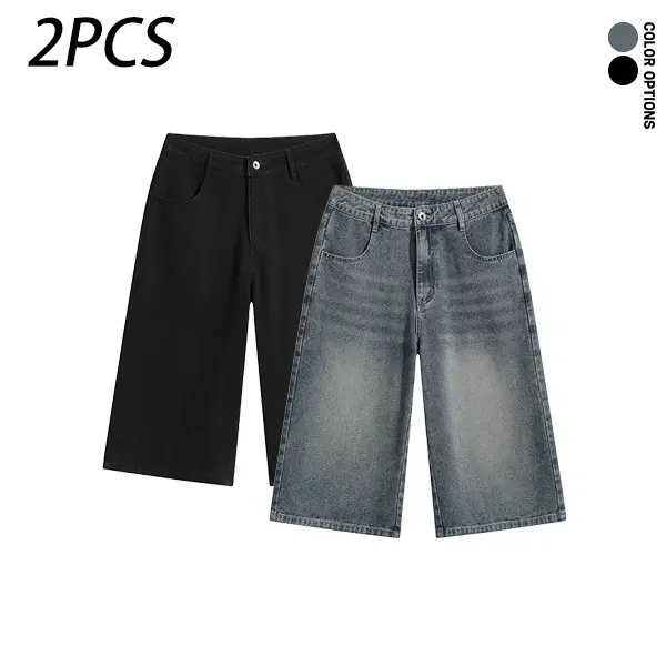 Pack of 2: summer men’s casual retro denim shorts, vintage washed distressed design with pockets; loose fit for everyday casual wear and sports; seven-eighths length denim shorts.