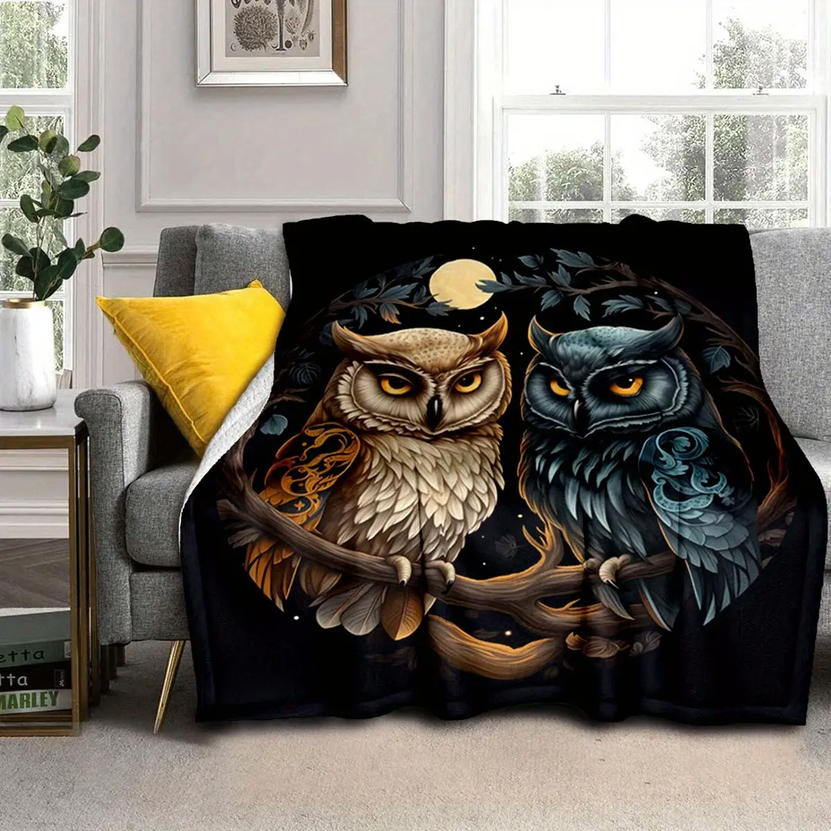 Cozy Owl Moon Pattern Flannel Blanket - Soft, Warm, And Plush, Ideal For Naps, Sofa, Office, Bed, Camping, Travel - Versatile Car And Holiday Gift, Owl Decor