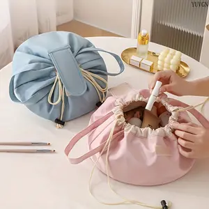 Large-Capacity Drawstring Bucket Cosmetic & Toiletry Bag, Portable Spacious Travel Organizer with Multiple Compartments, Soft Pastel Colors, Durable Fabric Storage Pouch for Daily & Vacation Use