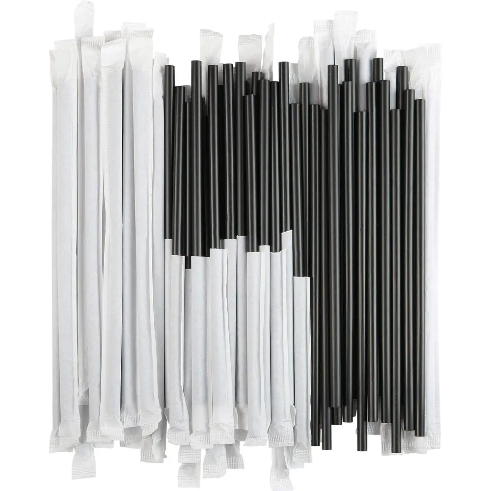7.75 Inches Standard Jumbo Disposable Plastic Drinking Straw Utensils, Individually Paper-Wrapped, Black, 500 Pieces