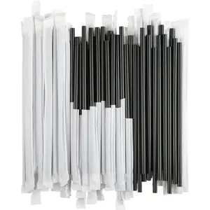 Disposable Plastic Drinking Straws, Individually Paper Wrapped, Black, 500 Pieces