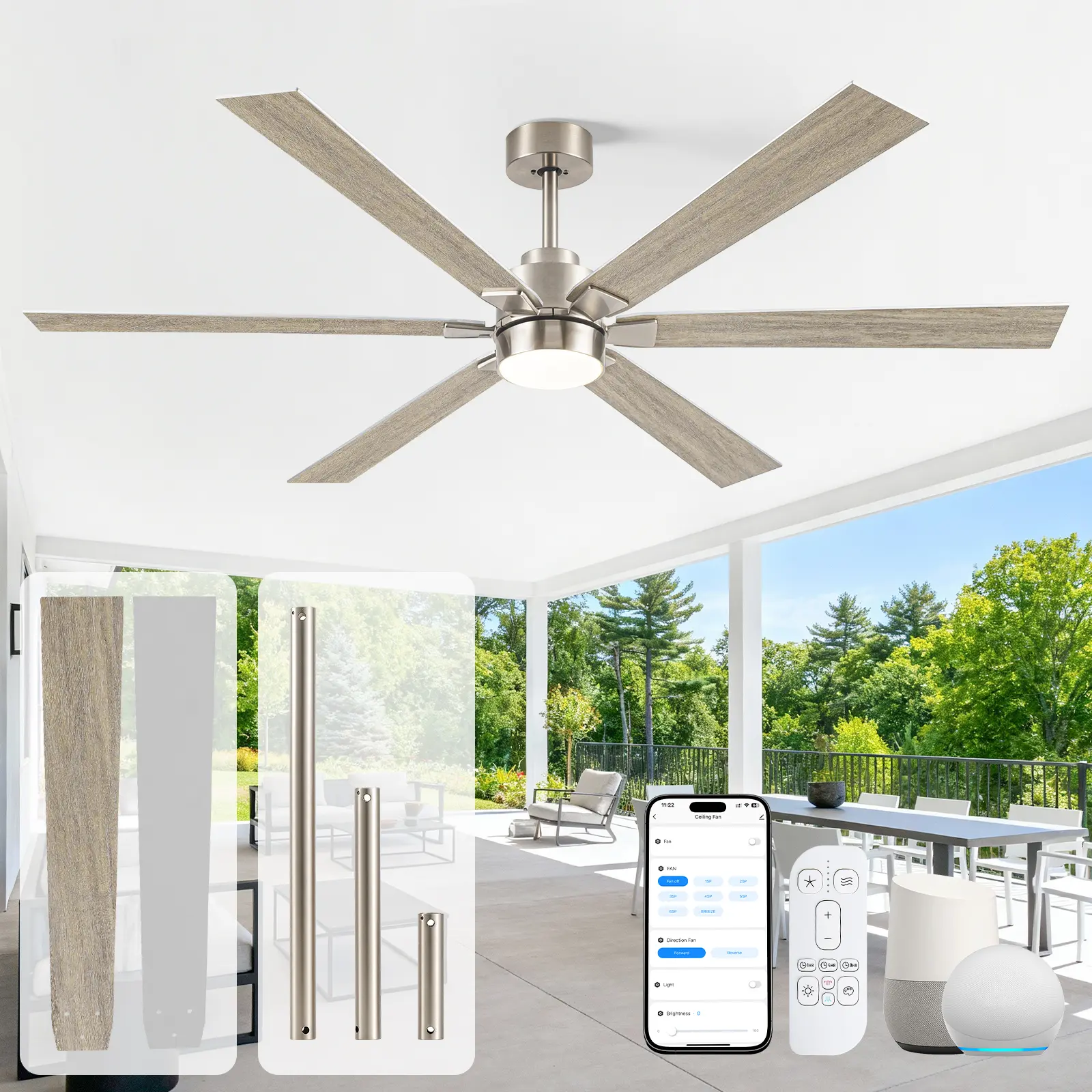 66 Inch Outdoor Ceiling Fan for Patios with Light, Modern Black Indoor Lighting, Alexa/Tuya App Voice Smart  Control Ceiling Fan with Remote, Industrial 6 Blades Dual Finish High CFM Quiet DC Motor Farmhouse Ceiling Fans for Bedroom Living Room Porch