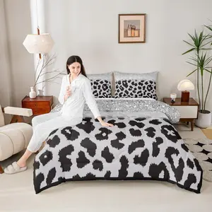 Feelyou Abstract Cheetah Spots Bed Comforter Set - Silver Glitter Sequins Bedding, Black Grey Leopard Print Down Duvet Insert, Retro Room Decor for Women