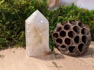 White Druzy Agate Tower Polished Point Natural Banded Brazilian Geode Gemstone Healing Crystal Mineral Specimen Quartz Drusy Cave Sparkly