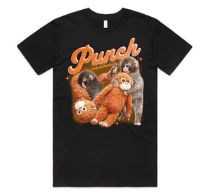 Punch The Monkey Meme Graphic T-Shirt Tee Top Baby Monkey Holding Plush Toy Retro Style Homage