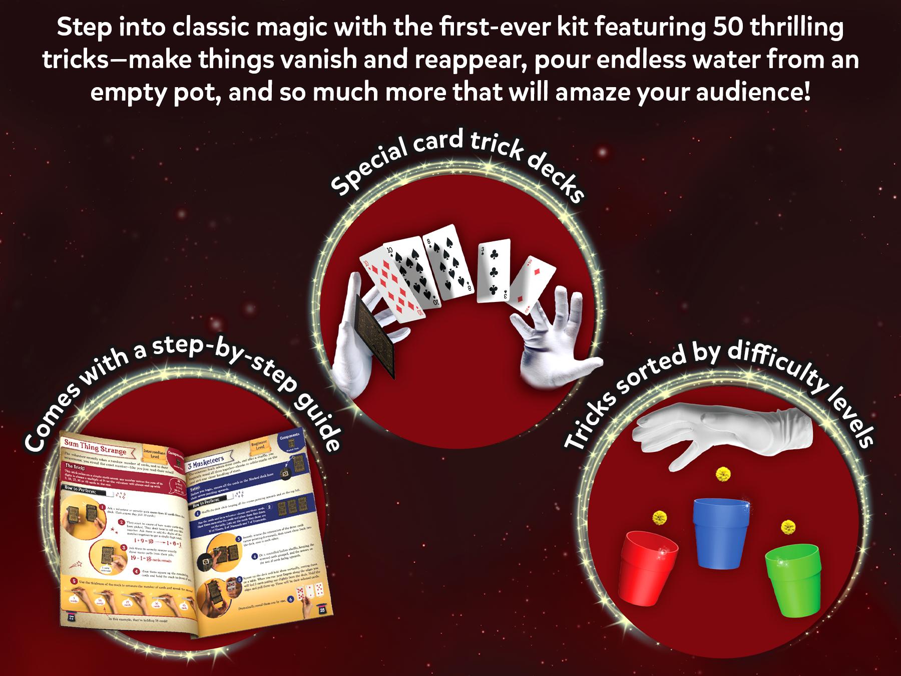 Skillmatics Magic Kit for Kids – Perform 50 Classic Magic Tricks & Illusions with Real Magician Props, Step-by-Step Guide & Secret Techniques, Fun Gift for Boys & Girls Ages 8 to 99