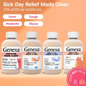 Genexa Kids' Clean Cough Medicine & Honey Cough Syrup, Pain & Fever Reducer Value 4-Pack | Dye Free, 0% Artificial Additives | Cough Care for Children | Fever & Pain Reliever | 16 fl oz (4 Bottles)