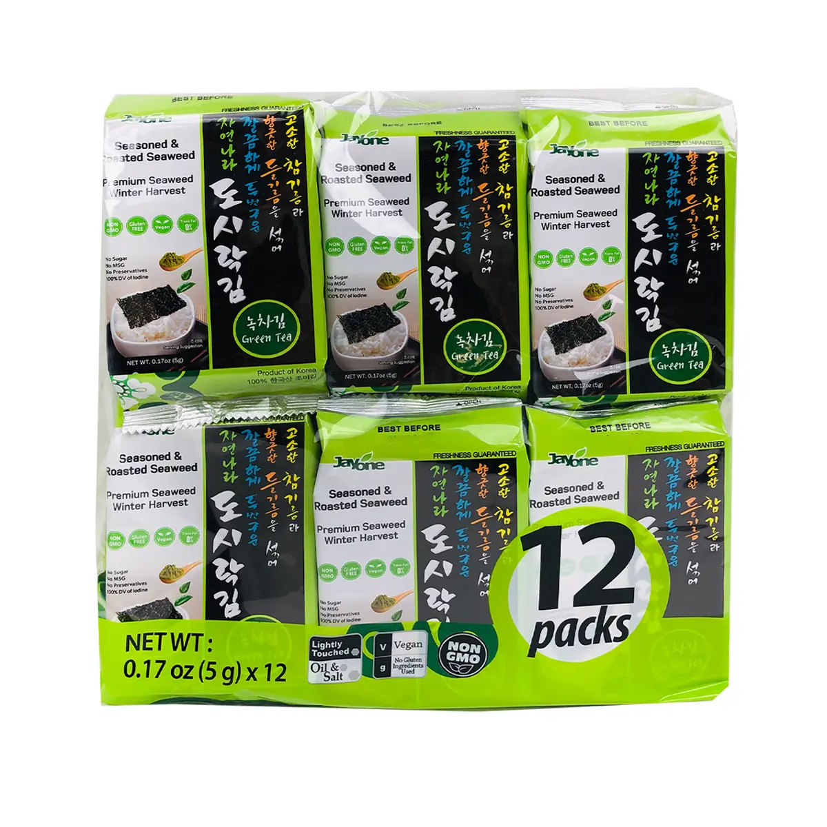 Jayone Roasted Seaweed Snack Green Tea Flavor 12pks 60 g Jayone Roasted Seaweed Snack Green Tea Flavor 12pks 60 g