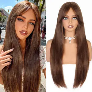 Long Straight Wig with Curtain Bangs for Women Layered Synthetic High Density Heat Resistant Hair Wig for Daily Party Use Easy to wear