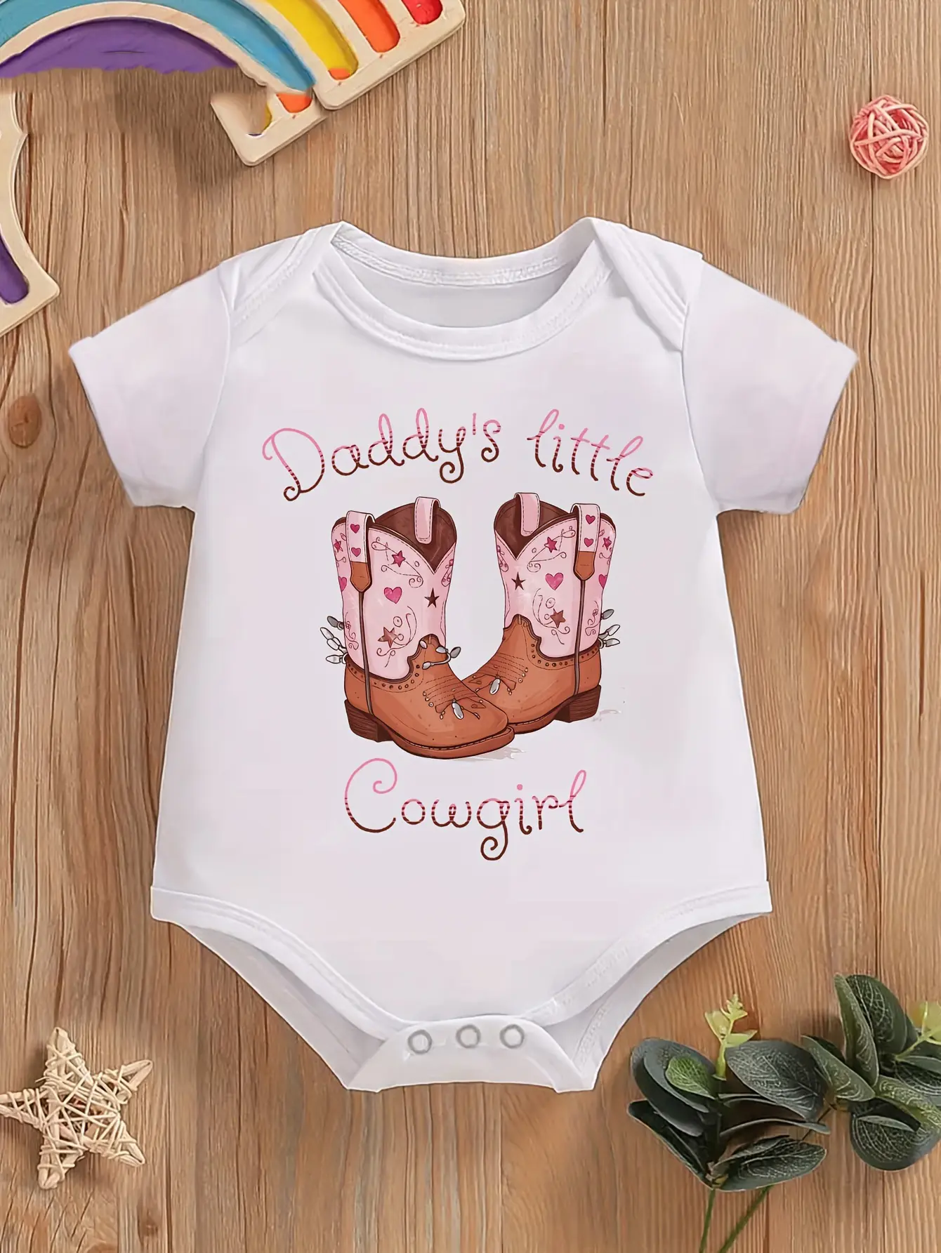 Baby Girls' Cotton Blend Breathable Short-Sleeve Bodysuit - Cowboy Theme, "Daddy's Little Cowgirl" Letter Print, Western Boot Graphic Newborn Onesie, Father-Daughter Casual Baby Clothes Girl Outfit