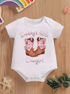 Baby Girls' "Daddy's Little Cowgirl" Western Boot Graphic Bodysuit, Newborn Short Sleeve Onesie, Cute Father & Daughter Western Themed Casual Outfit