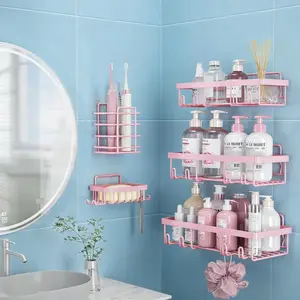 No-Drill Bathroom Storage Rack Set Iron Wall-Mounted Organizer 2026 New Year Gift Home Essential Pink Shelves for Toiletries shower caddy CupSuction Triangular
