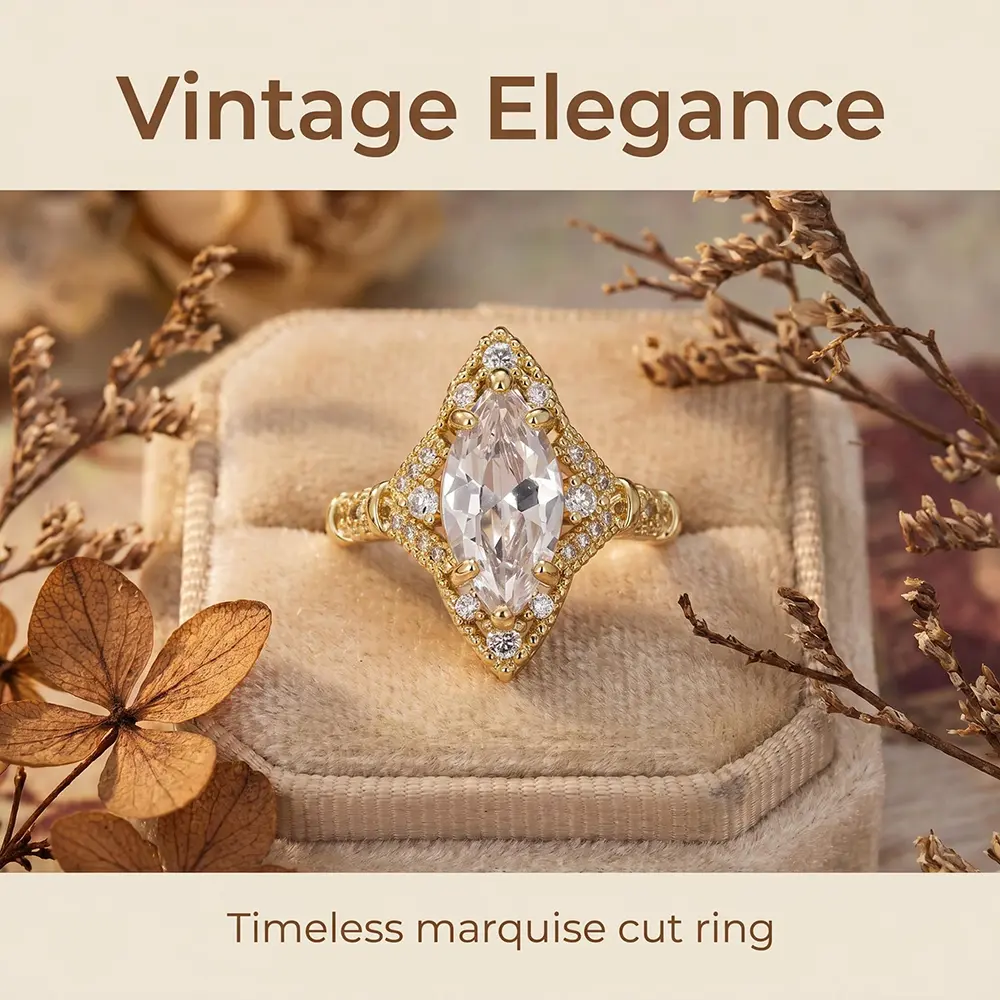 Women's Retro Geometric Vintage Victorian-Style Marquise-Cut Synthetic Zirconia Copper Ring - Costume Jewelry for Engagement, Wedding Gifting, Women's Fashion