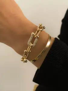 Women's Simple Snake Bone Bracelet Set, U-Shaped Square Buckle Design, Casual Fashion Punk Style Jewelry for Daily Wear & Gift, Trendy Stack Bangle