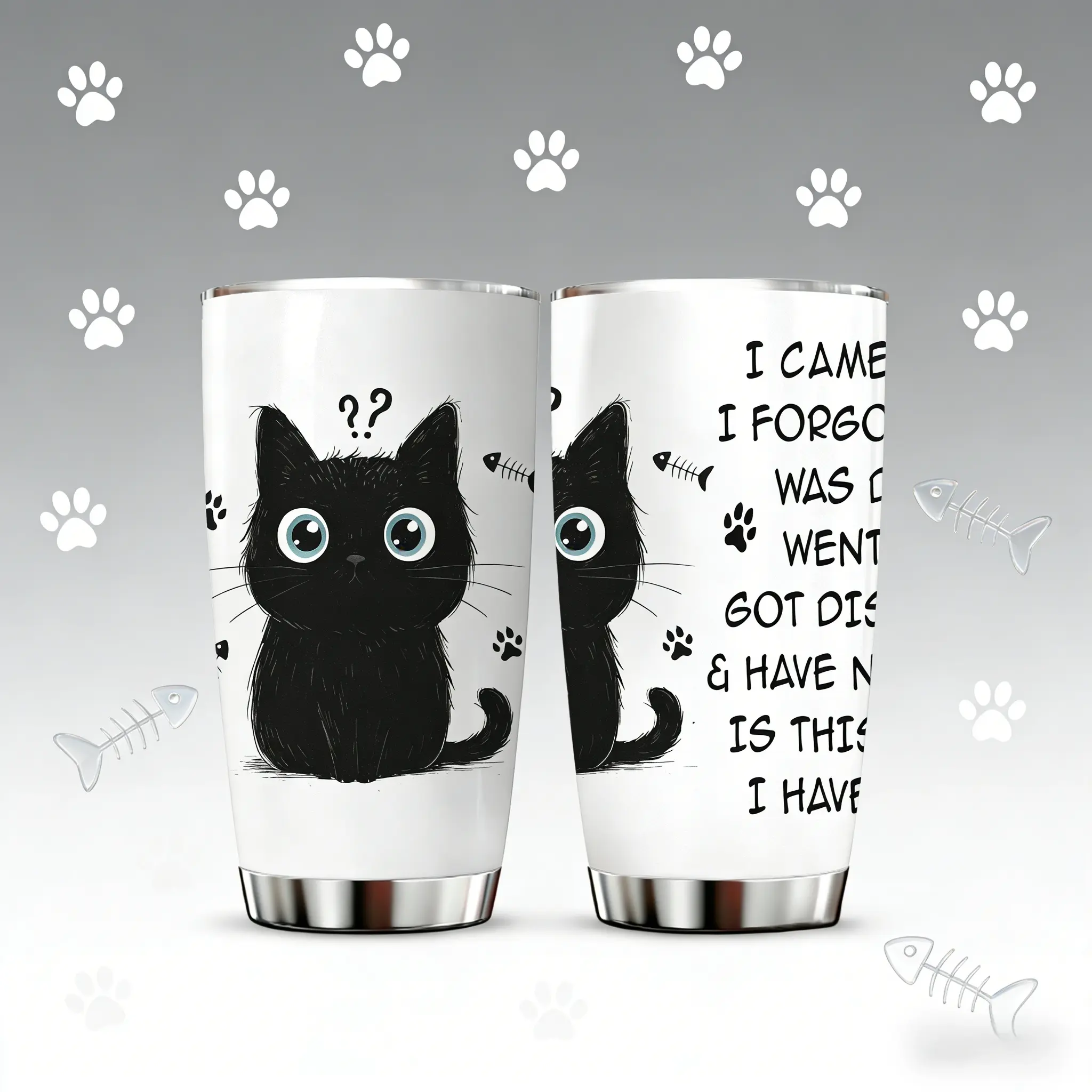 AuraCup 1pc 20oz stainless steel tumbler with lid and straw, cute black cat funny quote "I Came I Forgot I Was Doing..." design, insulated coffee travel mug for women cat moms, hot cold cup, Tumbler Drinkware, gift for birthday, Christmas, coworkers