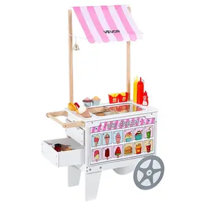 VEVOR Ice Cream Cart for Kids, 20+ PCS Accessories, Pretend Play Ice Cream Shop Kitchen Food Toys with Ice Cream Cone Popsicle, Awning Freezer, Storage Drawers Flipping Menus, For Kids Aged 3-7