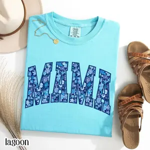 Mama Comfort Colors Shirt Custom Floral Blue Flower Tee Mom T-shirt Mother's Day From Daughter TShirt Blue Toile Spring Pregnancy Reveal