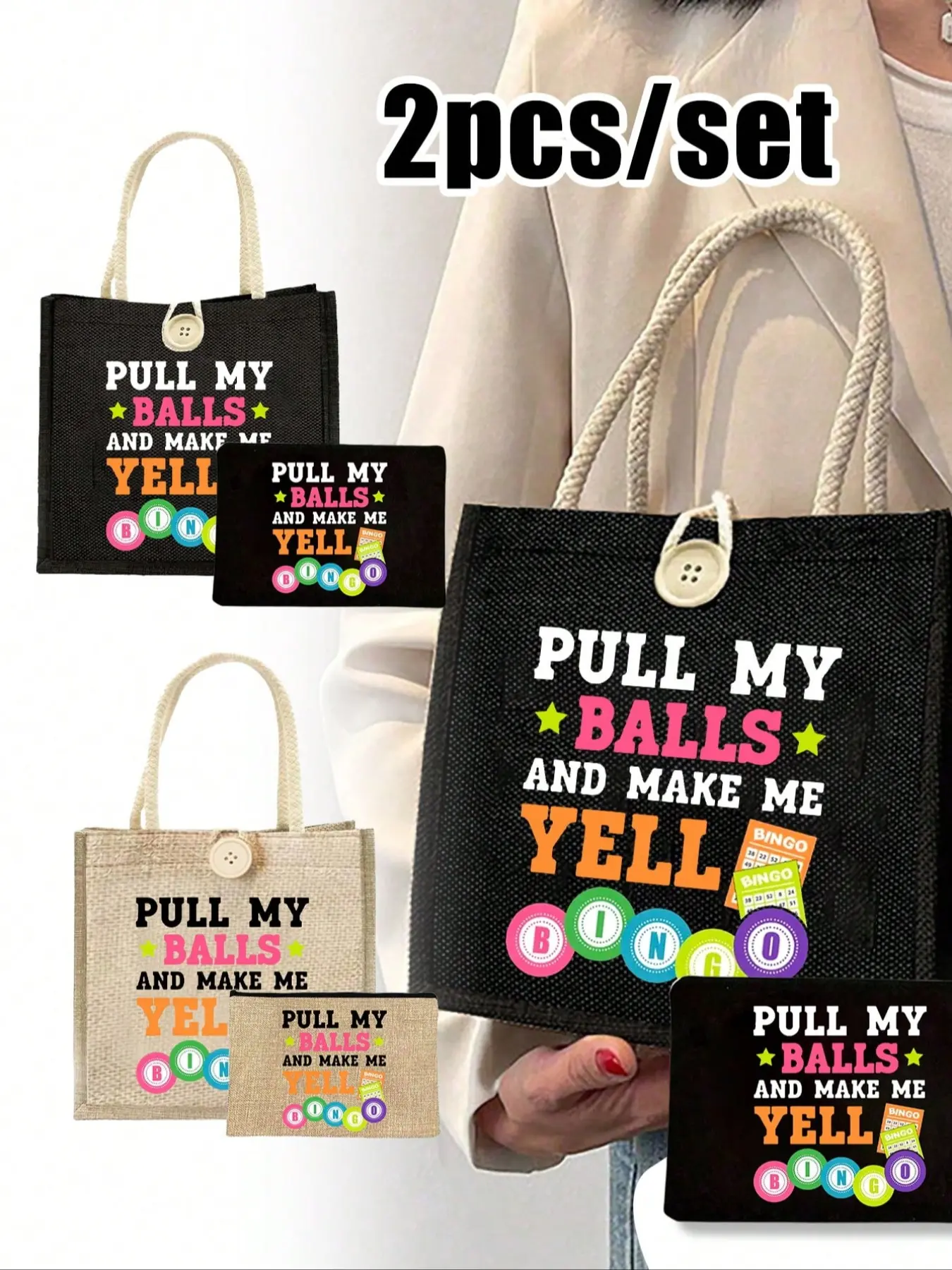 2pcs/Set "Bingo" Letter Print Handbag Set, Bingo Women'S Handbag And Wallet Set, Including A Handbag And Coin Purse, Large-Capacity Women'S Bag, Lightweight Large-Capacity Handbag, Reusable Burlap Shopping Bag