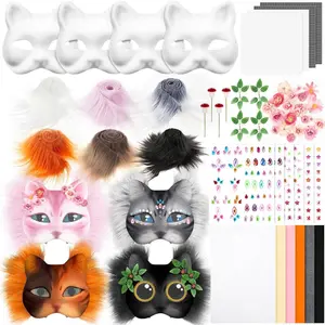 31 Pcs Therian Mask Kit Blank Cat Mask White Therian Masks Half Face Hand-painted DIY Masks for Masquerade Cosplay Party Gifts