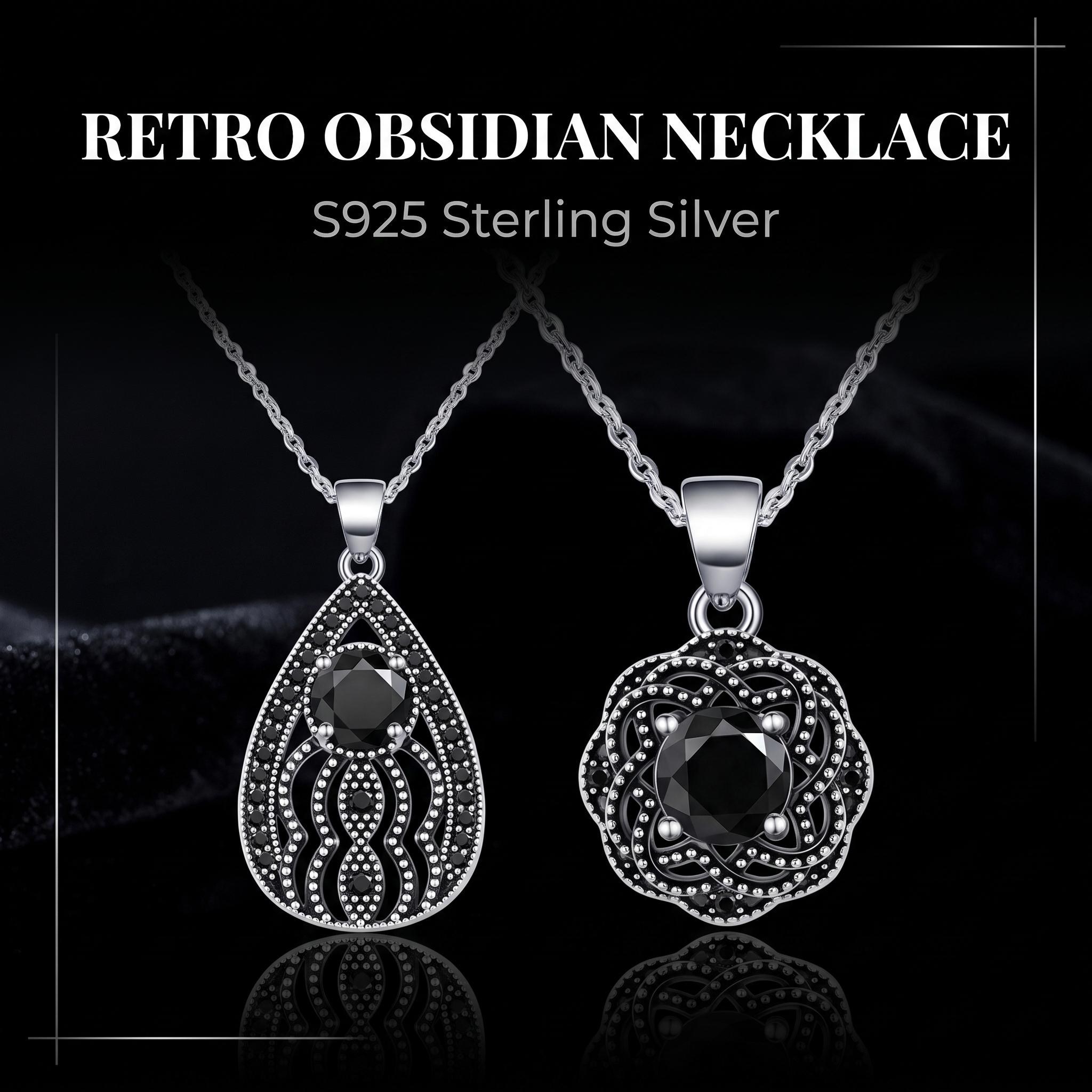 Kovira S925 Sterling Silver Vintage Black Obsidian Pendant Necklace for Women, Dark Feminine, Protection Amulet,Gothic Style, Dark Romance Gift