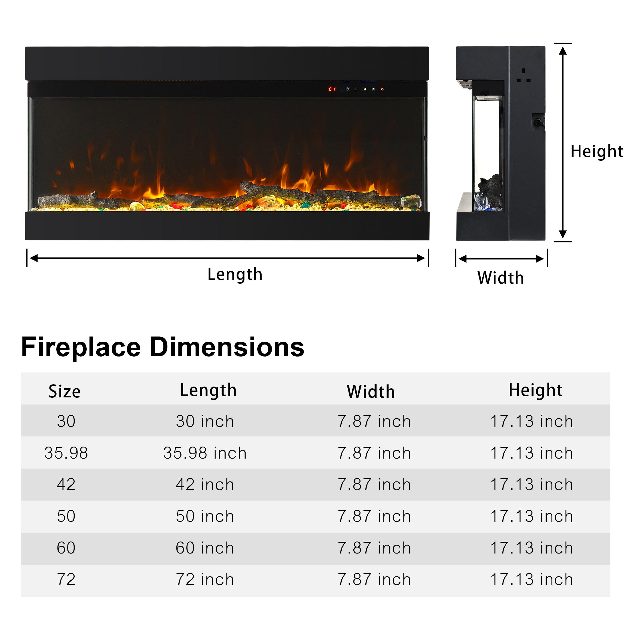 3 Sided Glass Built-in 36" 42'' 50'' 60'' Electric Fireplace - MultiColor Flames, Heater, DIY Crystal & Log Set, Smart App & Remote Control Heating System