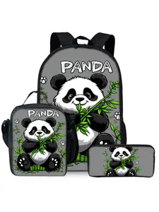 This three-piece panda and bamboo print backpack set includes a lunch bag and a pencil case.
