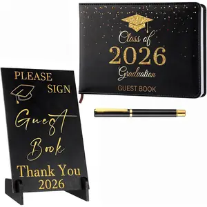 Leather Graduation Guest Book with Wood Table Sign and Signature Pen, Class of 2026 Graduation Party Supplies, Grad Signature Sign for College Congratulation Decorations