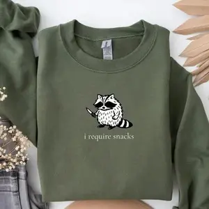 I Require Snacks Raccoon Sweatshirt, Sarcastic Funny Crewneck for Snack Lovers, Cute Raccoon Graphic Pullover with Humor and Cozy Style