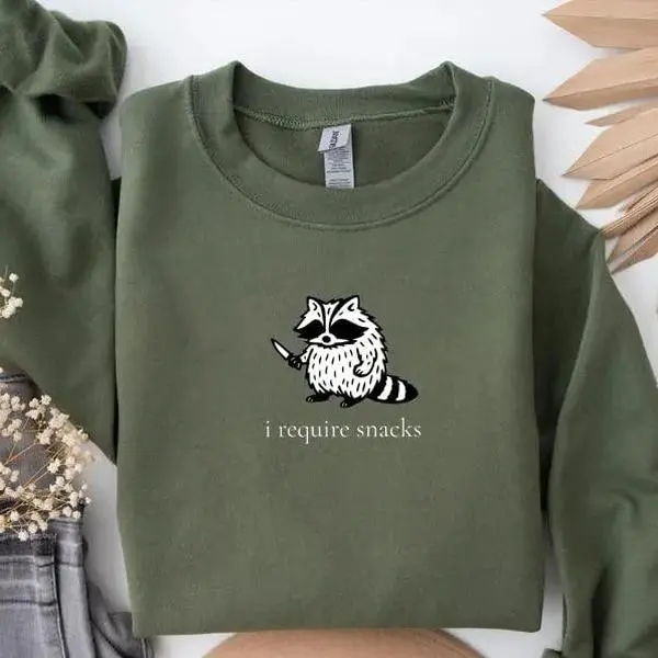 I Require Snacks Raccoon Sweatshirt, Sarcastic Funny Crewneck for Snack Lovers, Cute Raccoon Graphic Pullover with Humor and Cozy Style