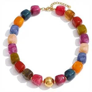 Colorful Beaded Choker Necklace for Women: Boho Large Square Acrylic Beaded Necklace Stainless Steel Adjustable Surfer Beach Strand Necklces Summer Handmade Jewelry Gift for Women