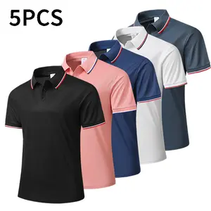 Men’s 5-piece quick-dry polo shirt set for golf, tennis, and equestrian activities—comfortable activewear featuring a color-block collar and cuff design, ideal for casual parties, holidays, and travel.