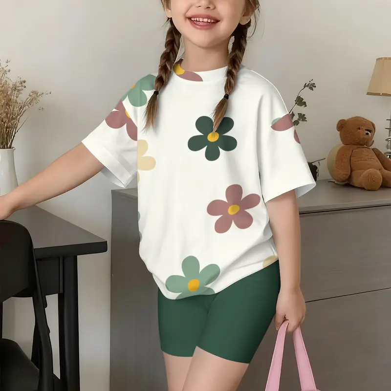 Printed Short Sleeve T-Shirt Set, Summer Girls' Casual Fashion Floral Top with Shorts, Cute Loose-Fitting, Summer Outfits Set, Summer Clothes Set, Tee Set, Matching Outfits Set, Summer Clothing Set, Fashion Style Sets