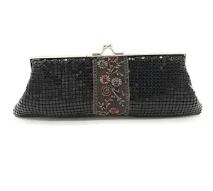 Metal Mesh Evening Clutch Purse Kiss Lock Embroidered Flower Y2K Party Wedding Handbag