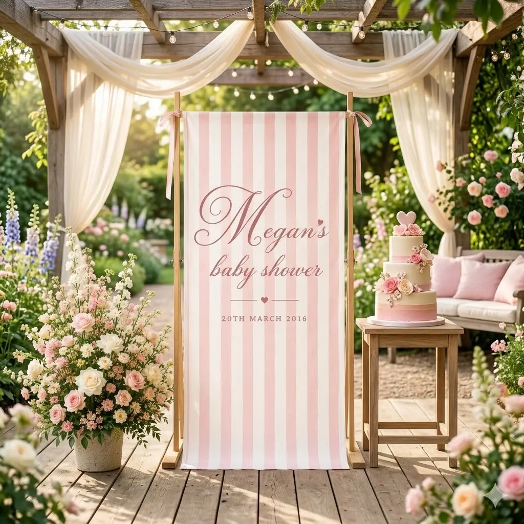 Personalized Baby Shower Banner, Pink Striped Linen Sign, Custom Baby Girl Shower Backdrop, Elegant Baby Shower Welcome Sign, Fabric sign