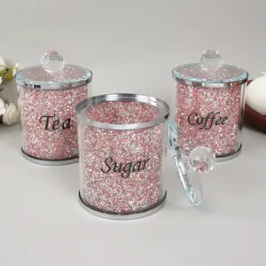 Coffee Tea Sugar Storage Jar, 3 Counts/set Glitter Glass Storage Jar with Lid, Home Organizer for Kitchen Living Room Dining Room