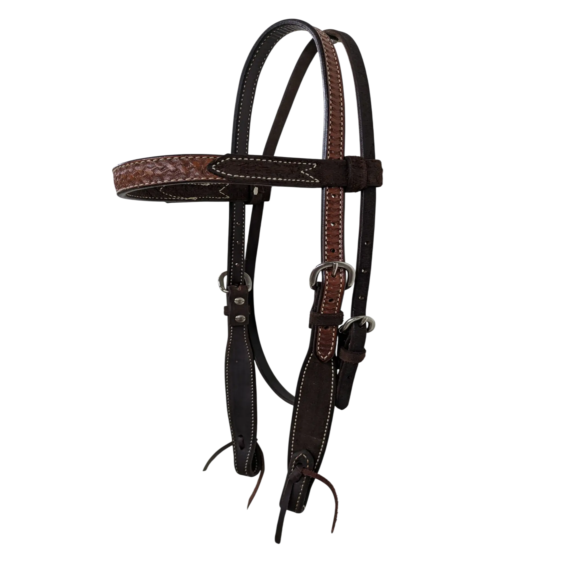 Western Browband Headstall in Chocolate Roughout Leather with Basket-Style Tooling, Adjustable Cheek and Crown Pieces for a Comfortable Fit, Durability, Even Pressure, Everyday Arena Work, Classic, Horseback Riding, Customizable, Refined Aesthetics, Trail