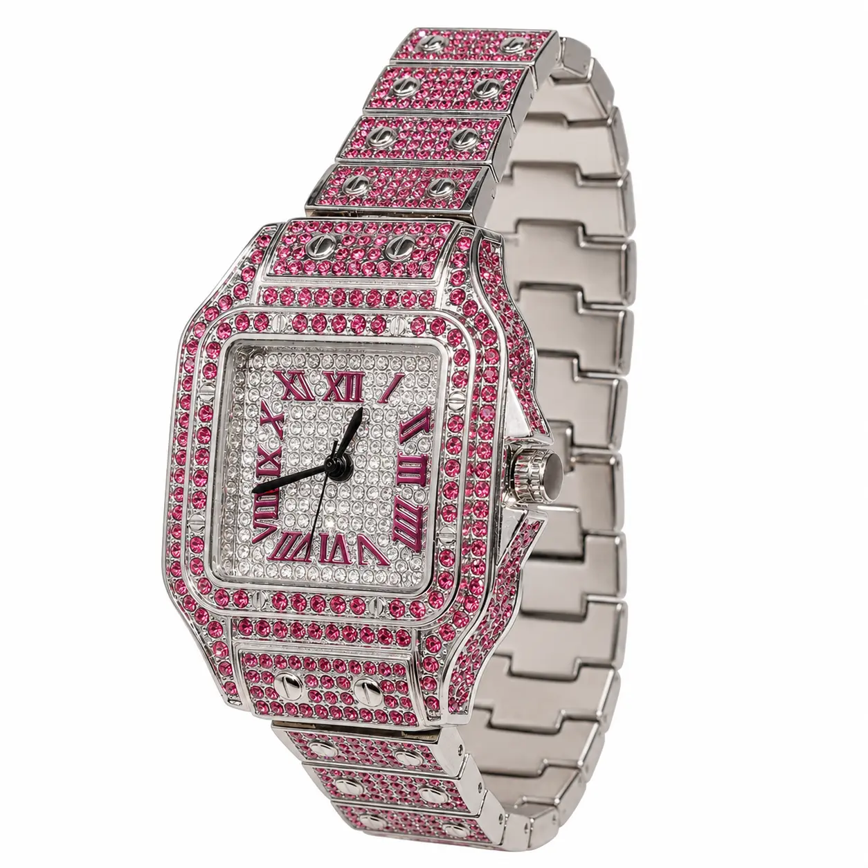 Unisex Iced-Out Face Quartz Wristwatch, 34mm Metal Band, Glamorous Fancy Fashion Accessory, Casual Trendy Exquisite Design Timepiece