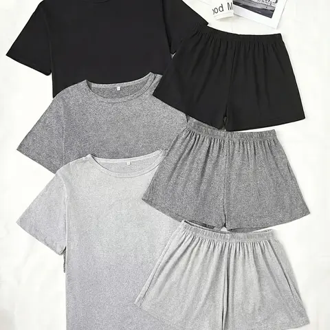 Women's Three-Piece Solid Color Short Sleeve Shorts Sleepwear Set, Casual Pajamas Set, Lounge Pjs Set, Comfortable Casual Loungewear, All Seasons Nightwear, Perfect for Home Relaxation